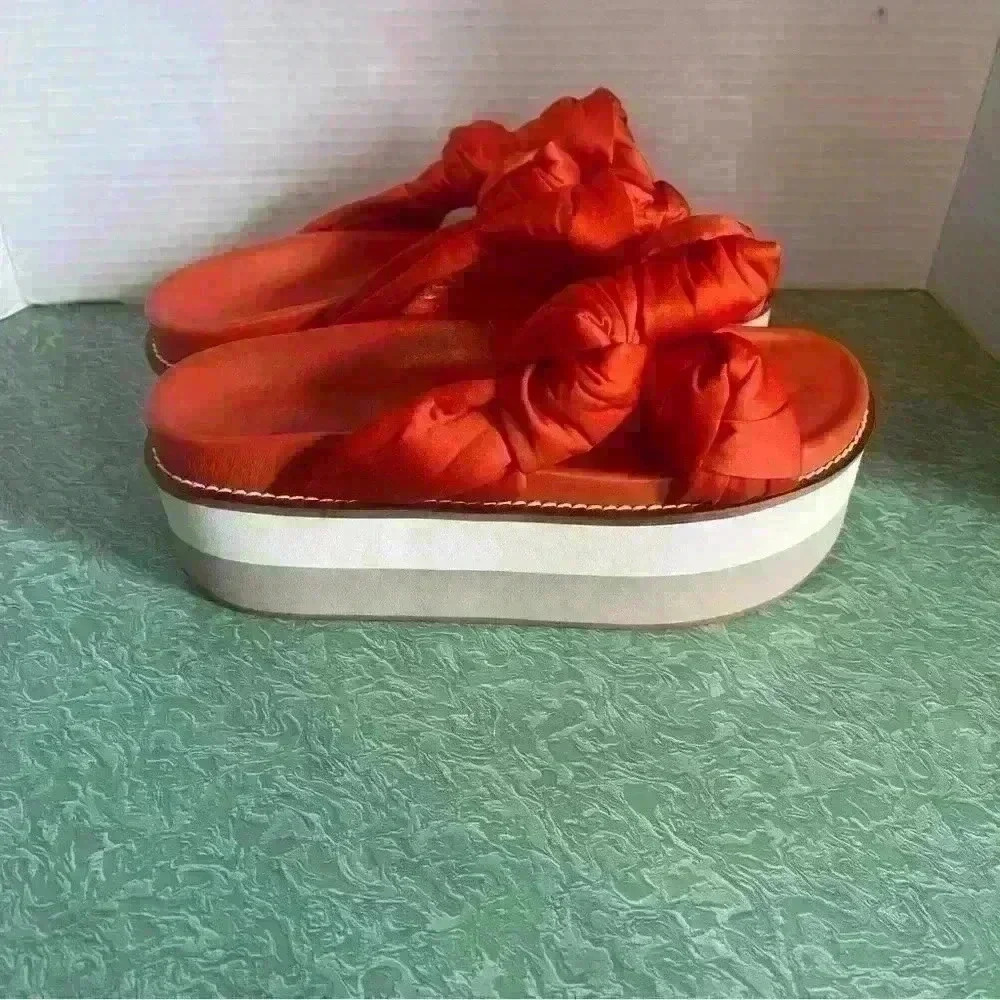 GANNI SATIN KNOTTED PLATFORM SANDAL SLIDE CROSSOVER STRAPS RED 38 $375 - Picture 3 of 7